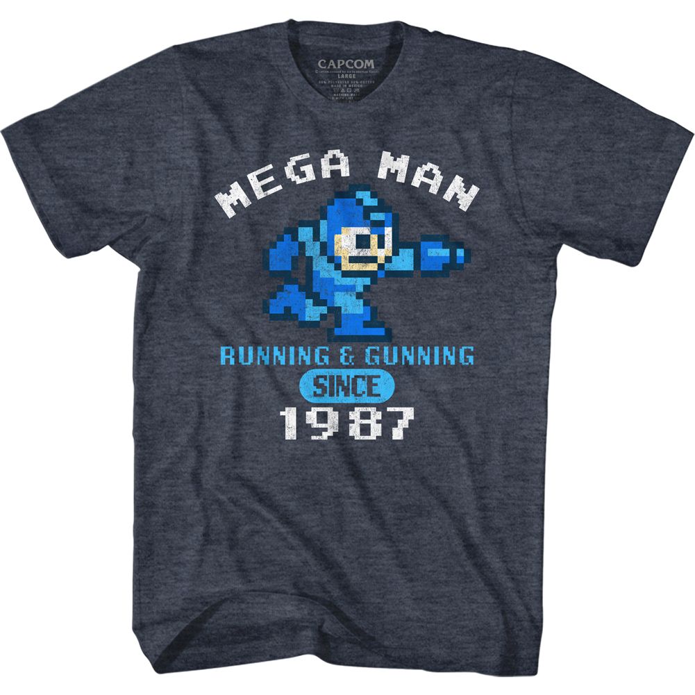 Navy heather Mega Man t-shirt featuring Mega Man Run And Gun 1987 design