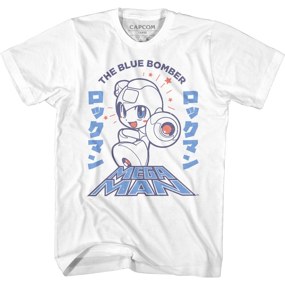 White Mega Man t-shirt featuring Mega Man Blue Bomber design