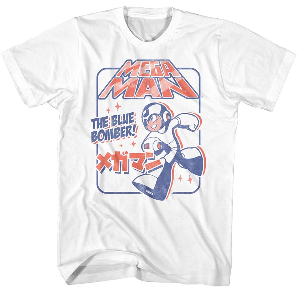 White Mega Man t-shirt featuring Mega Man Blue Bomber Again design