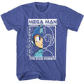 Royal heather Mega Man t-shirt featuring Mega Man Half Color Half Outline design