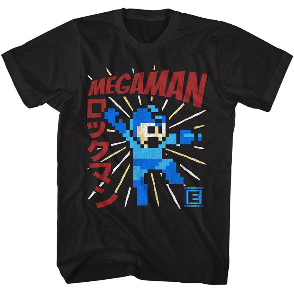 Black Mega Man t-shirt featuring Mega Man Energy Booster design