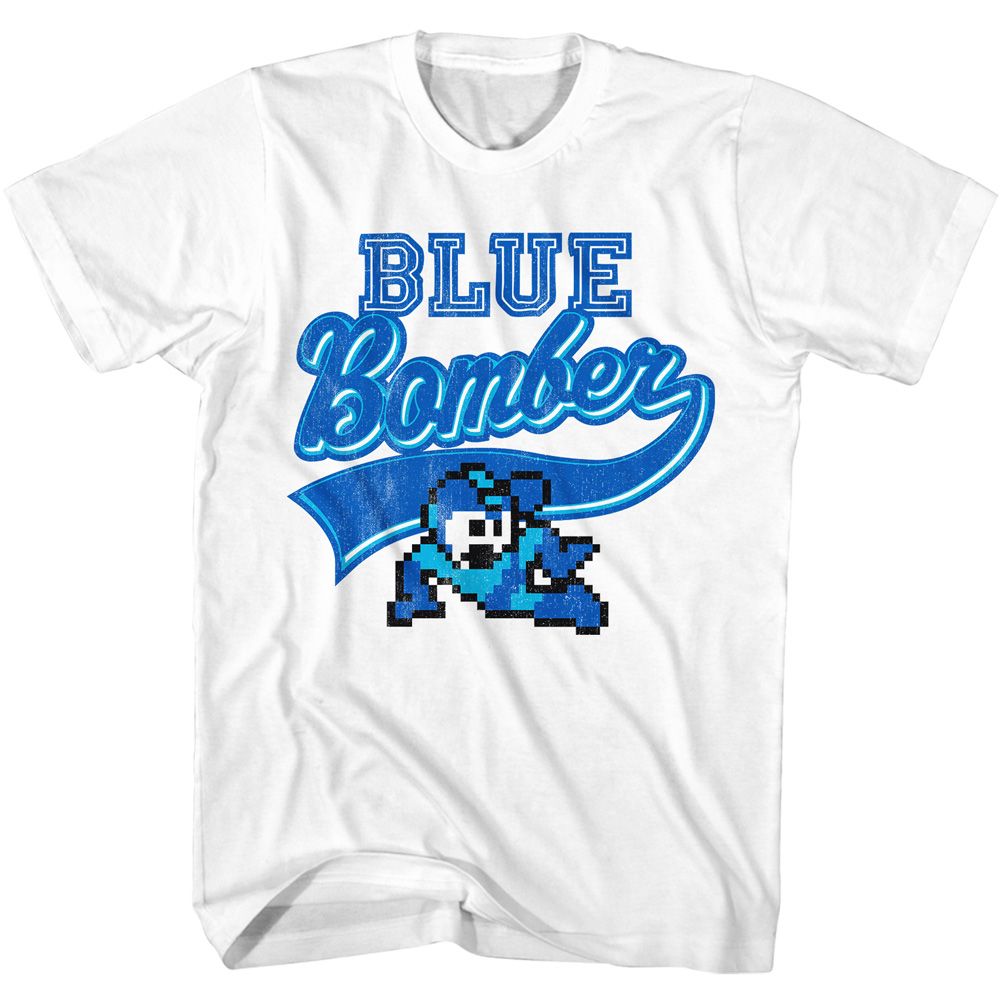 White Mega Man t-shirt featuring Mega Man Blue Bomber design