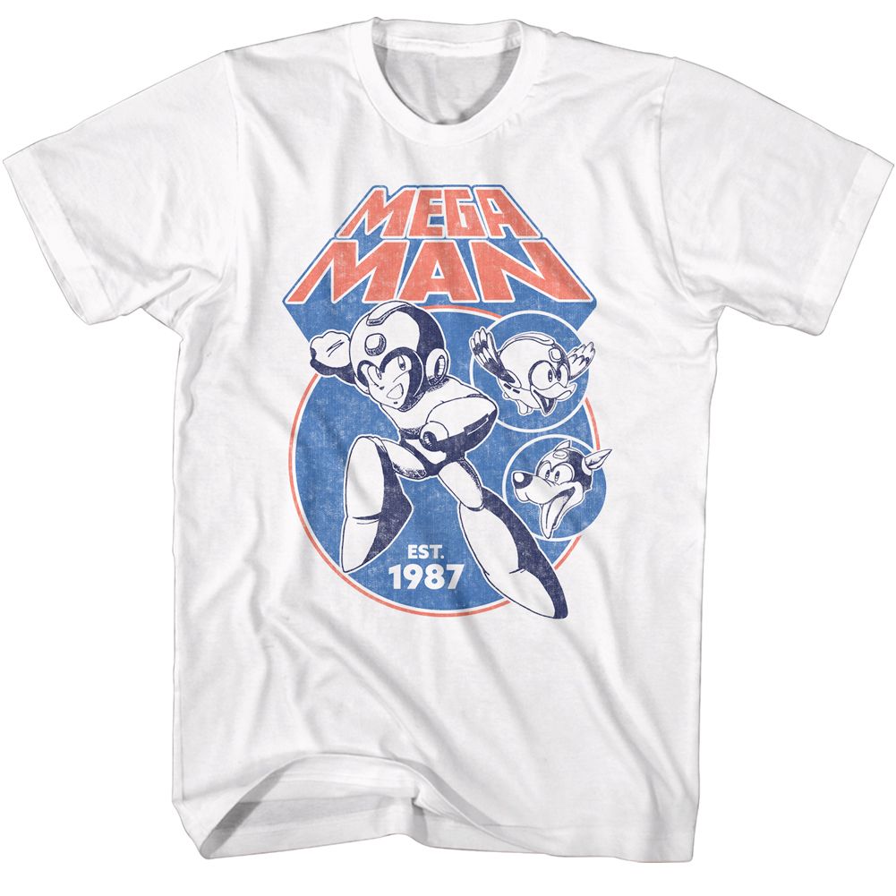 White Mega Man t-shirt featuring Mega Man Mega Circles design