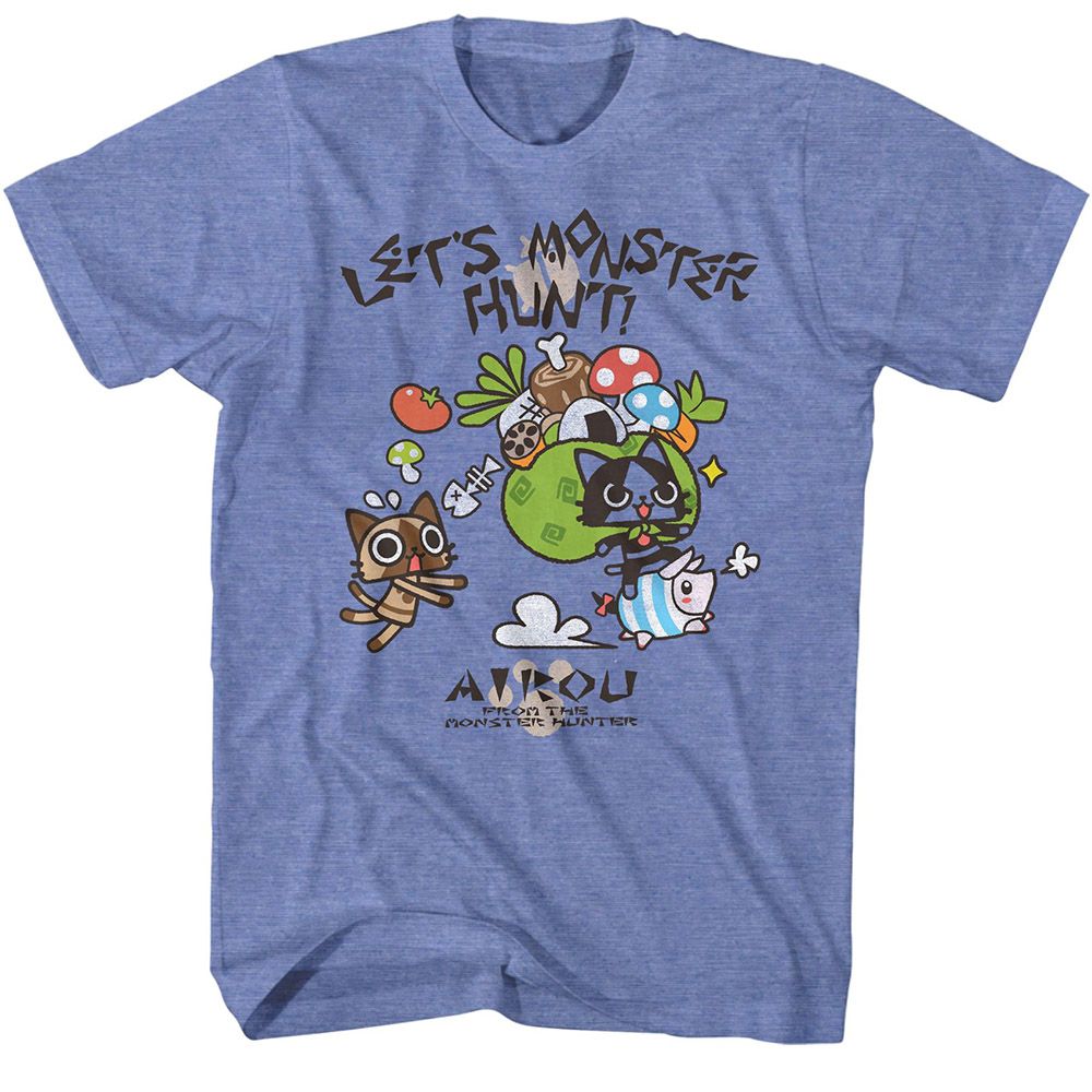 Light blue heather Monster Hunter t-shirt featuring Monster Hunter Airou Hunter design