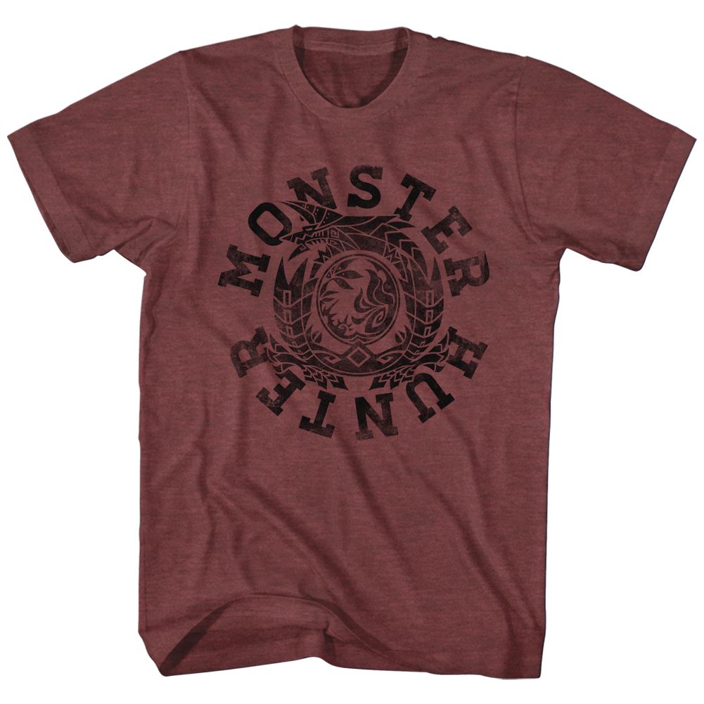 Vintage maroon heather Monster Hunter t-shirt featuring Monster Hunter Circle design