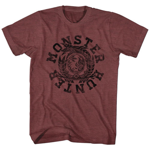Vintage maroon heather Monster Hunter t-shirt featuring Monster Hunter Circle design