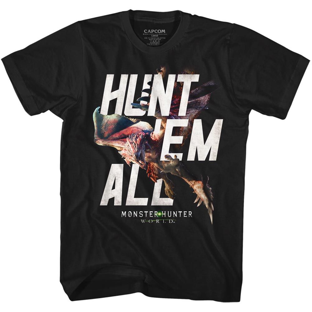 Black Monster Hunter t-shirt featuring Monster Hunter Hunt Em All design