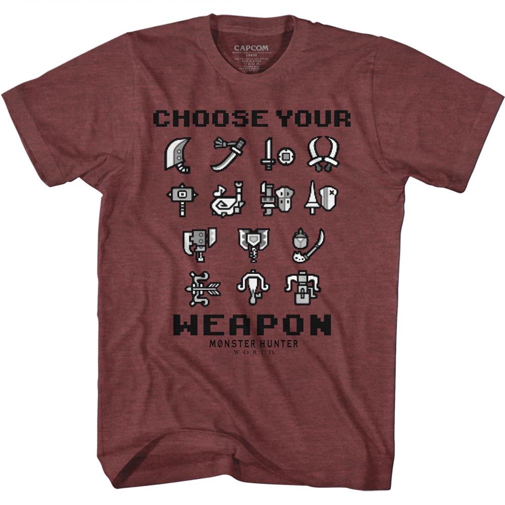 Vintage maroon heather Monster Hunter t-shirt featuring Monster Hunter Choose Your Weapon design