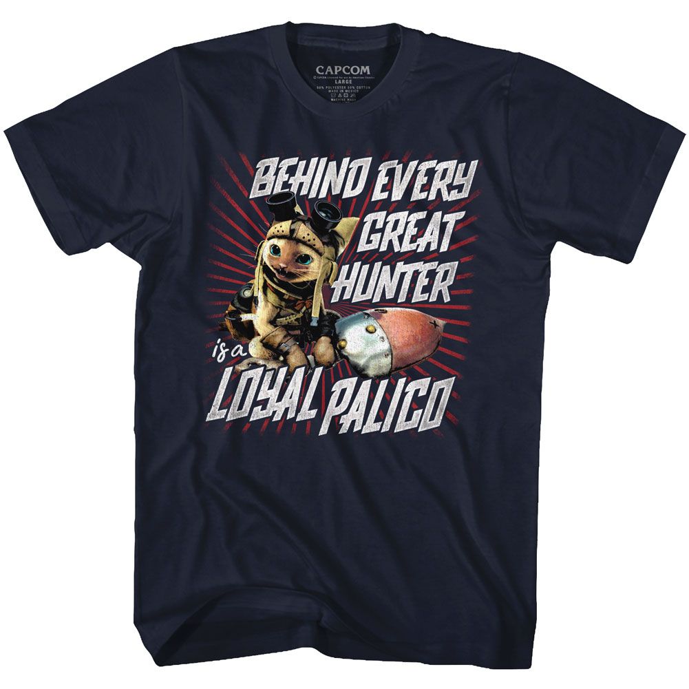 Navy Monster Hunter t-shirt featuring Monster Hunter Loyal Palico design