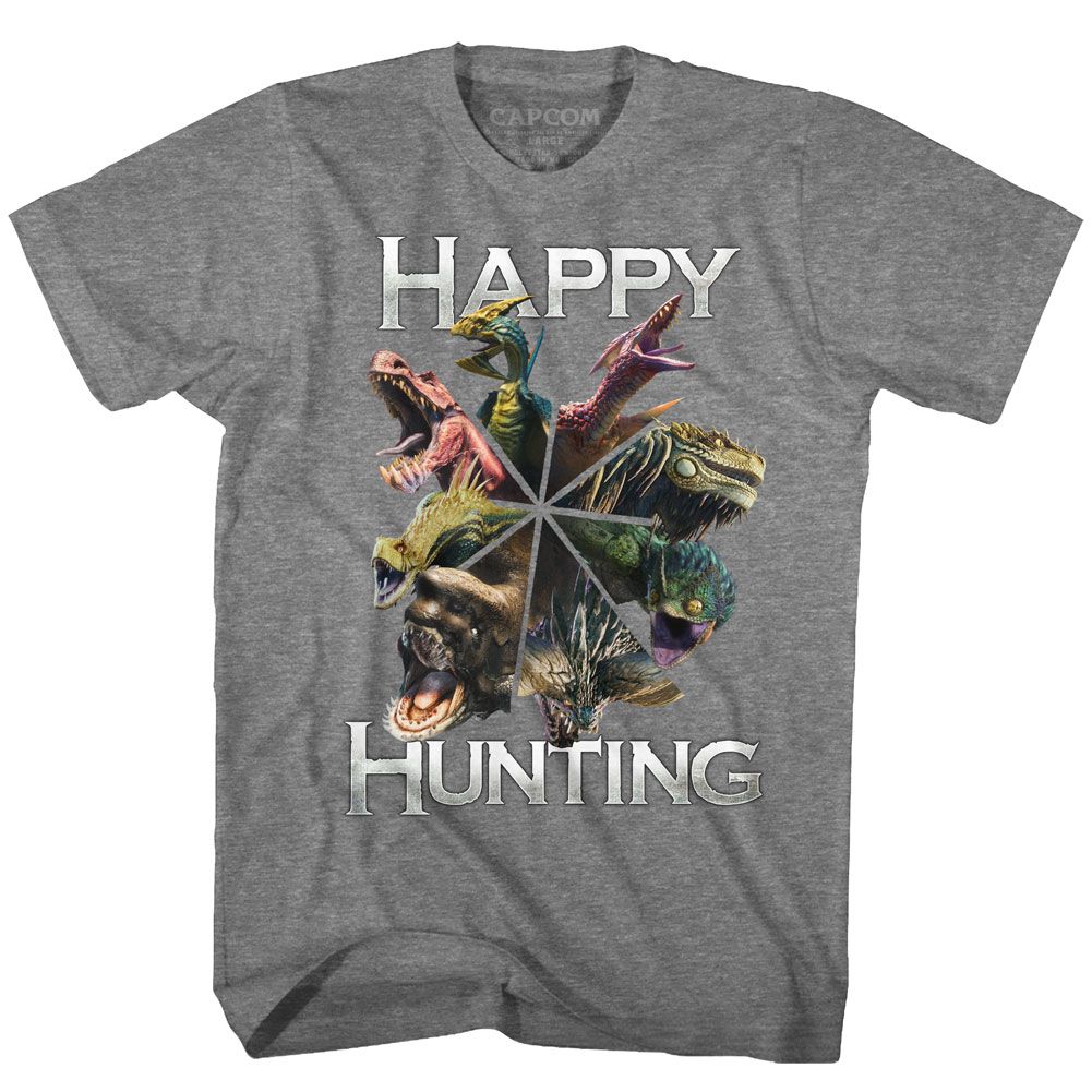Graphite heather Monster Hunter t-shirt featuring Monster Hunter Happy Hunting design