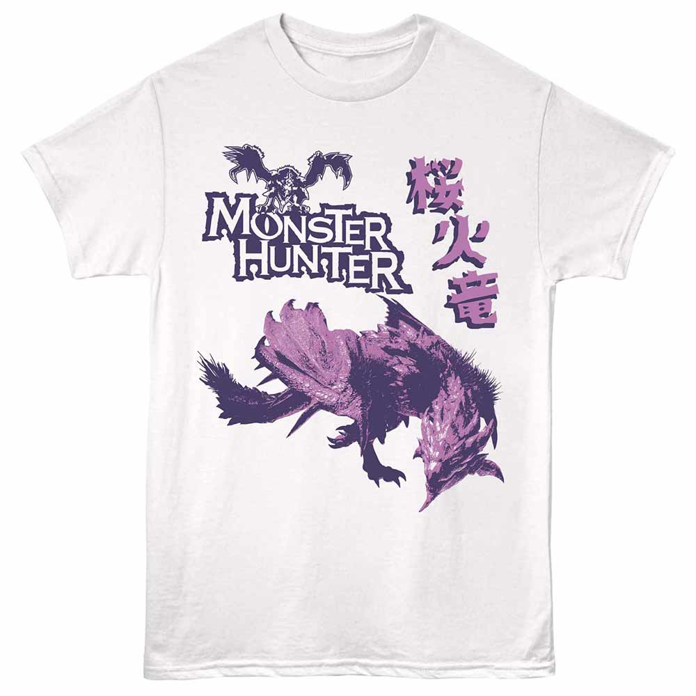White Monster Hunter t-shirt featuring a Sakura Fire Dragon design