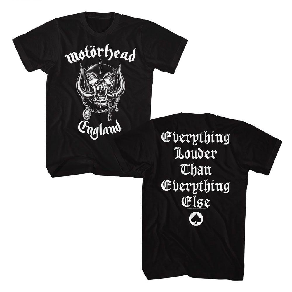 Black Motörhead t-shirt featuring Motörhead Everything Louder Than Everyone Else design (front and back)