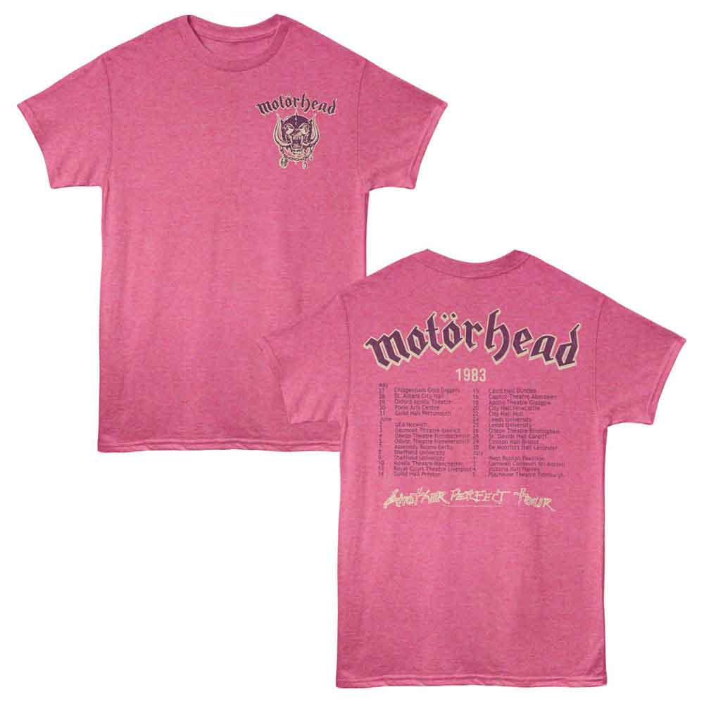 Retro pink heather Motörhead t-shirt featuring Motörhead Another Perfect Tour design (front and back)