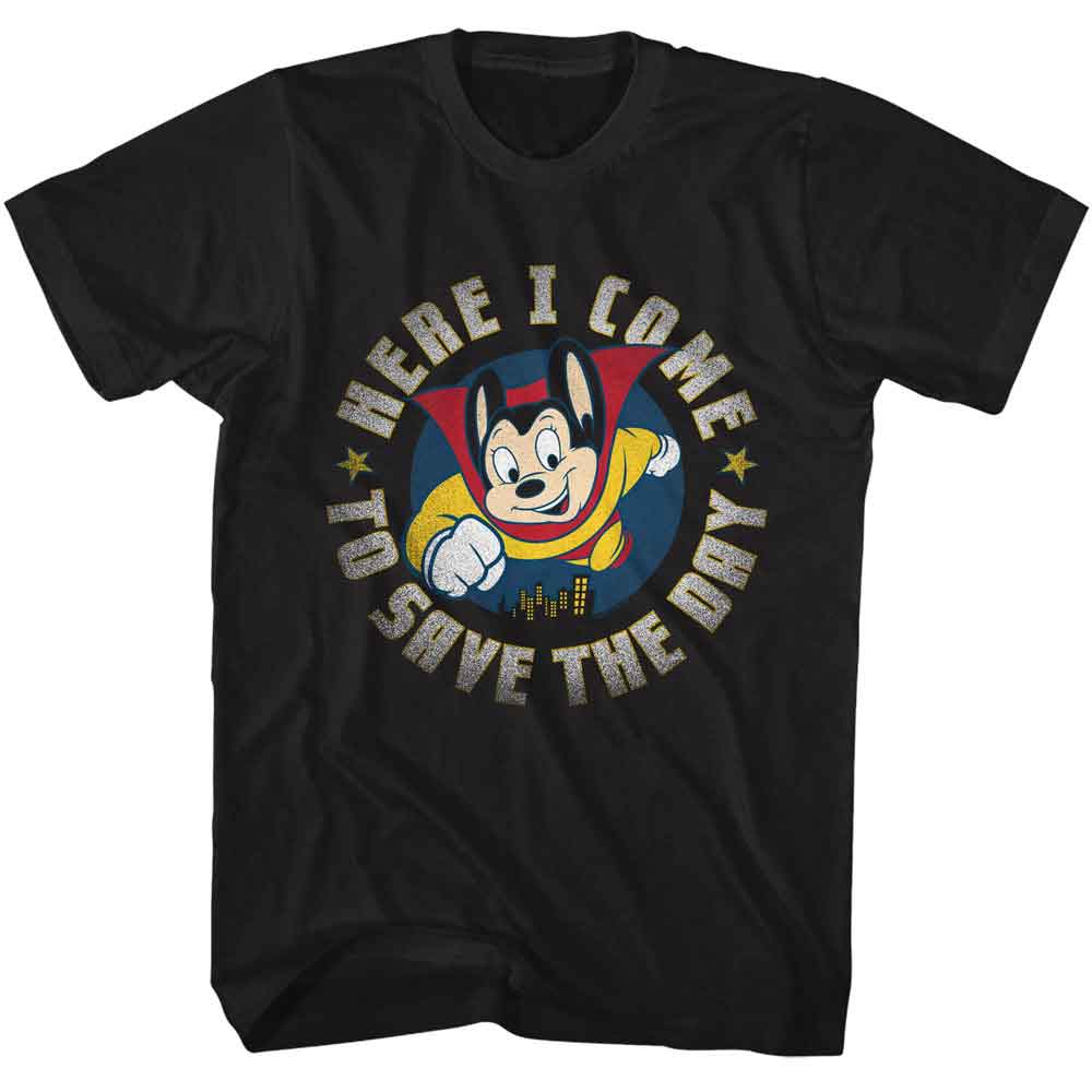 Black Mighty Mouse t-shirt featuring Mighty Mouse Here I Come design