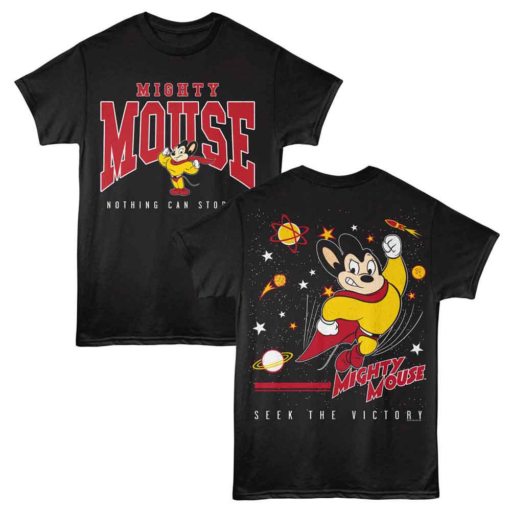 Black Mighty Mouse t-shirt featuring Mighty Mouse Space design (front and back)
