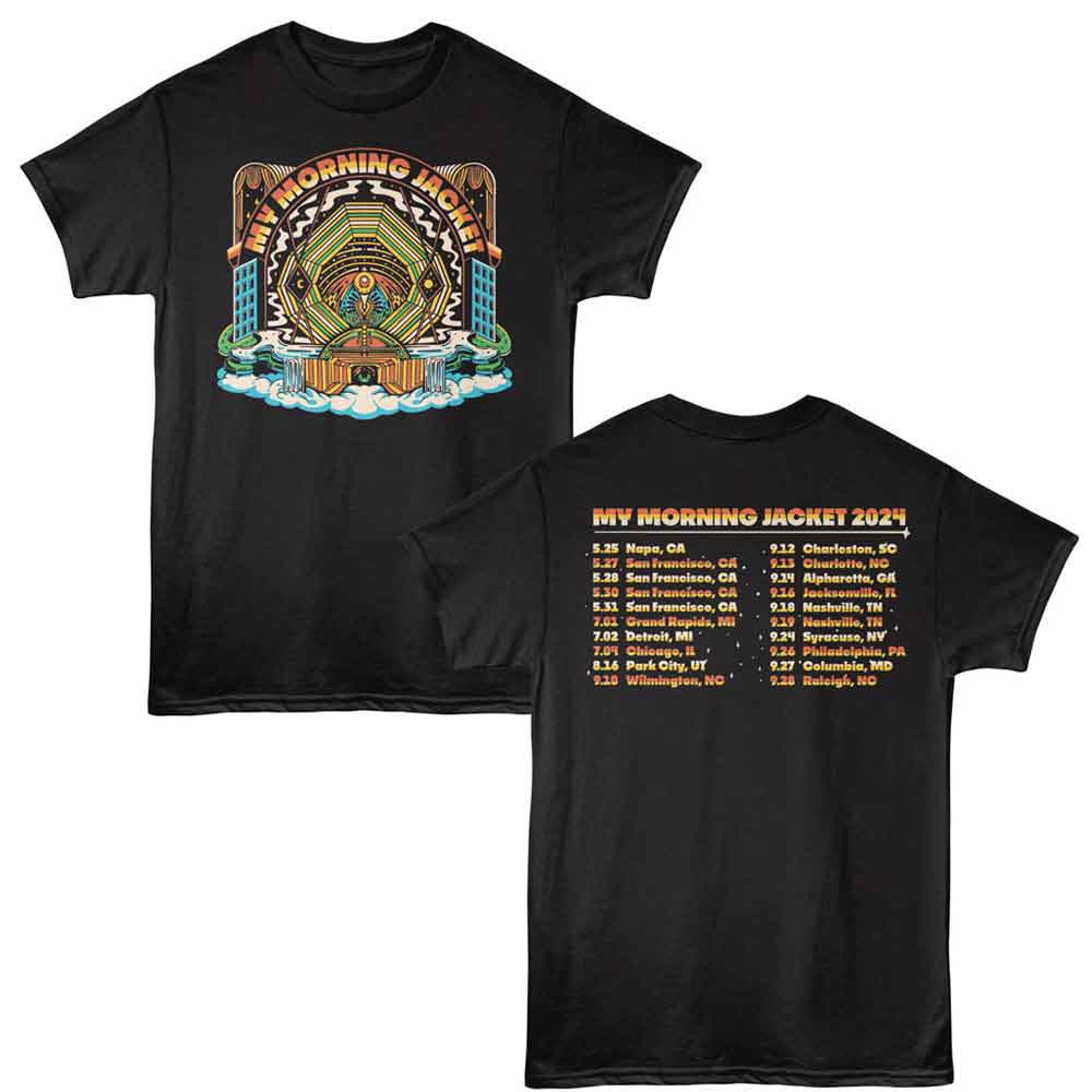 Black My Morning Jacket t-shirt featuring My Morning Jacket Tour design (front and back)
