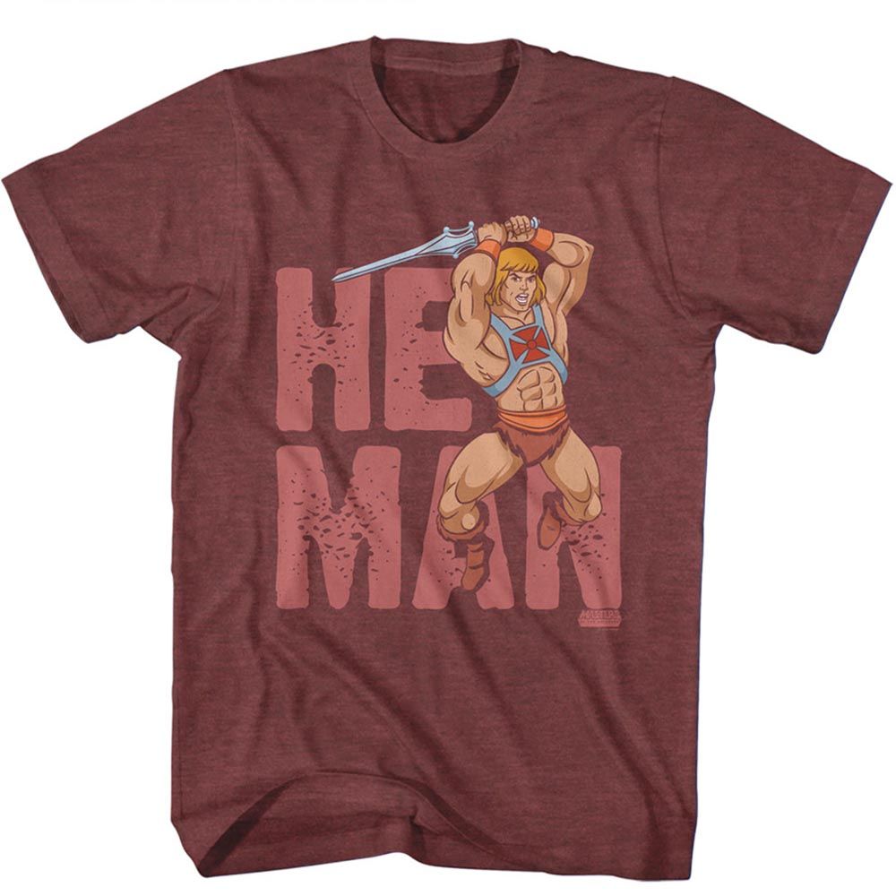 He-Man Text Masters of the Universe t-shirt in vintage maroon heather