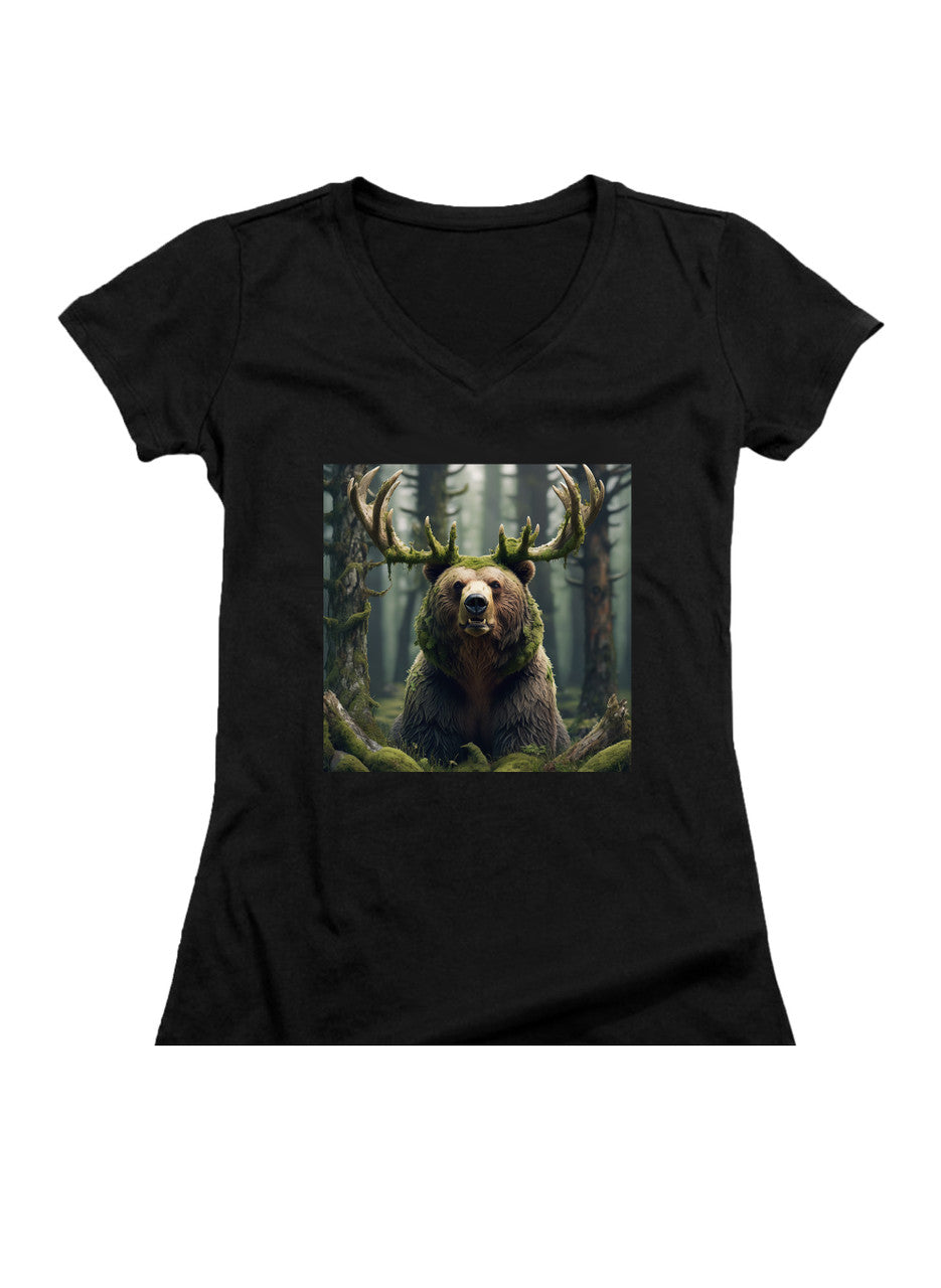 Black Majestic Bear Juniors V-Neck T-Shirt