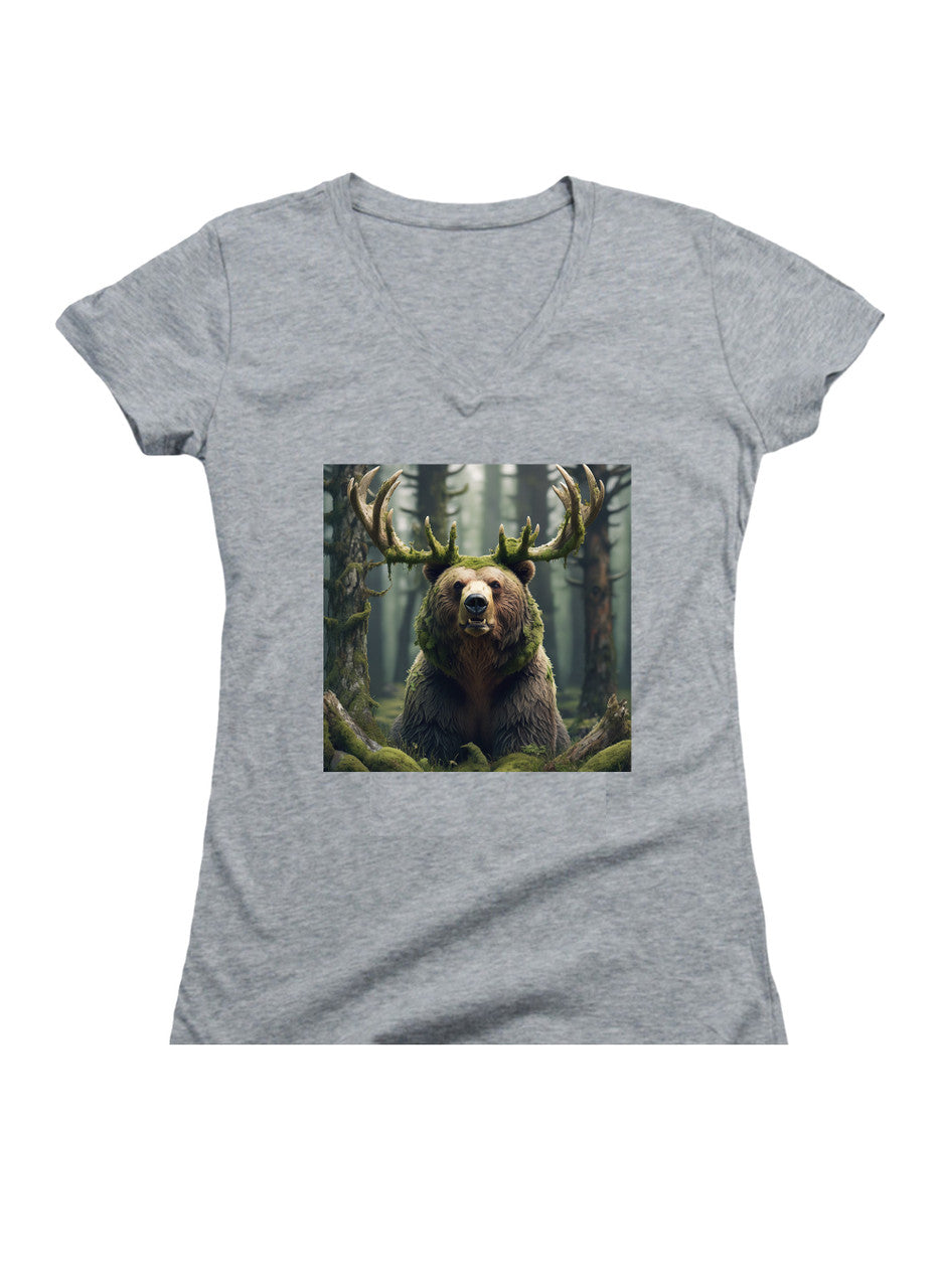 Gray Majestic Bear Juniors V-Neck T-Shirt