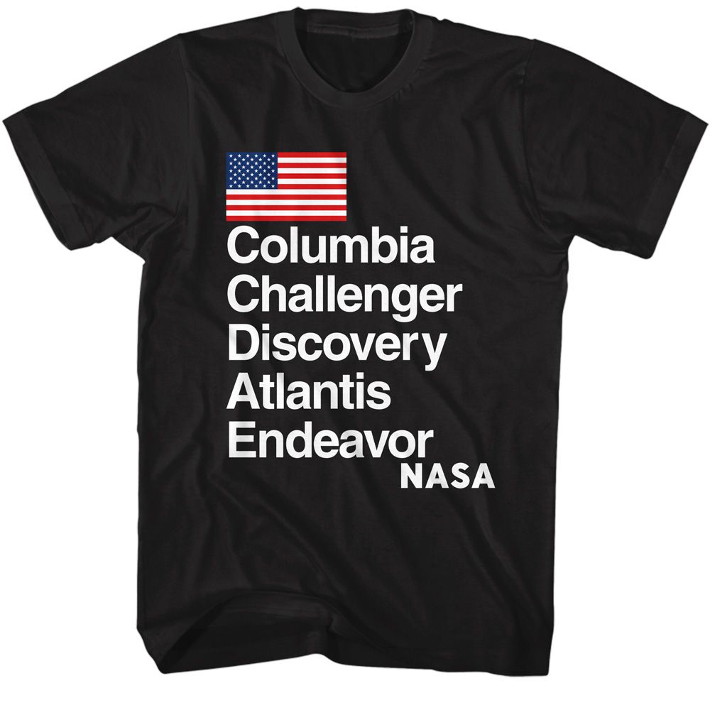 Black NASA t-shirt featuring a Space Shuttle Names design