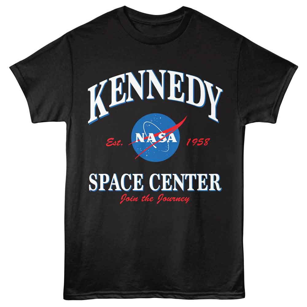 Black NASA t-shirt featuring a Kennedy Space Center design