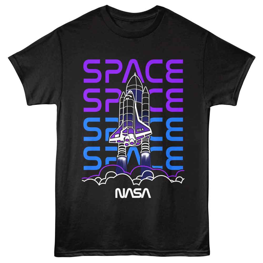 Black NASA t-shirt featuring a Space Shuttle line art design