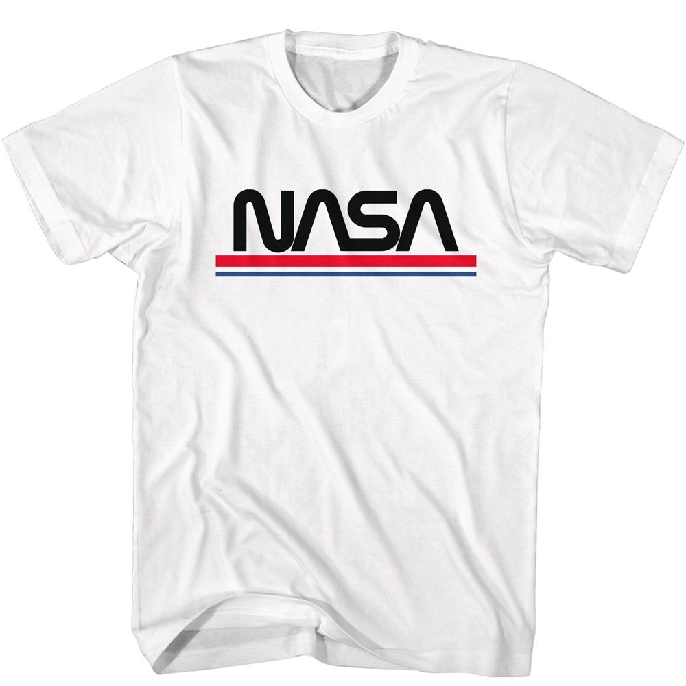 White NASA t-shirt featuring a red-white-and-blue Worm design