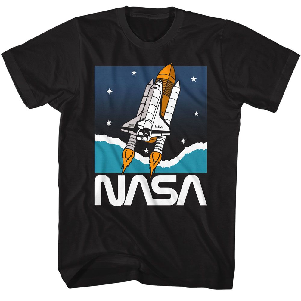 Black NASA t-shirt featuring a Shuttle in space design