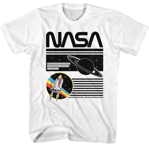 White NASA t-shirt featuring a Saturn design