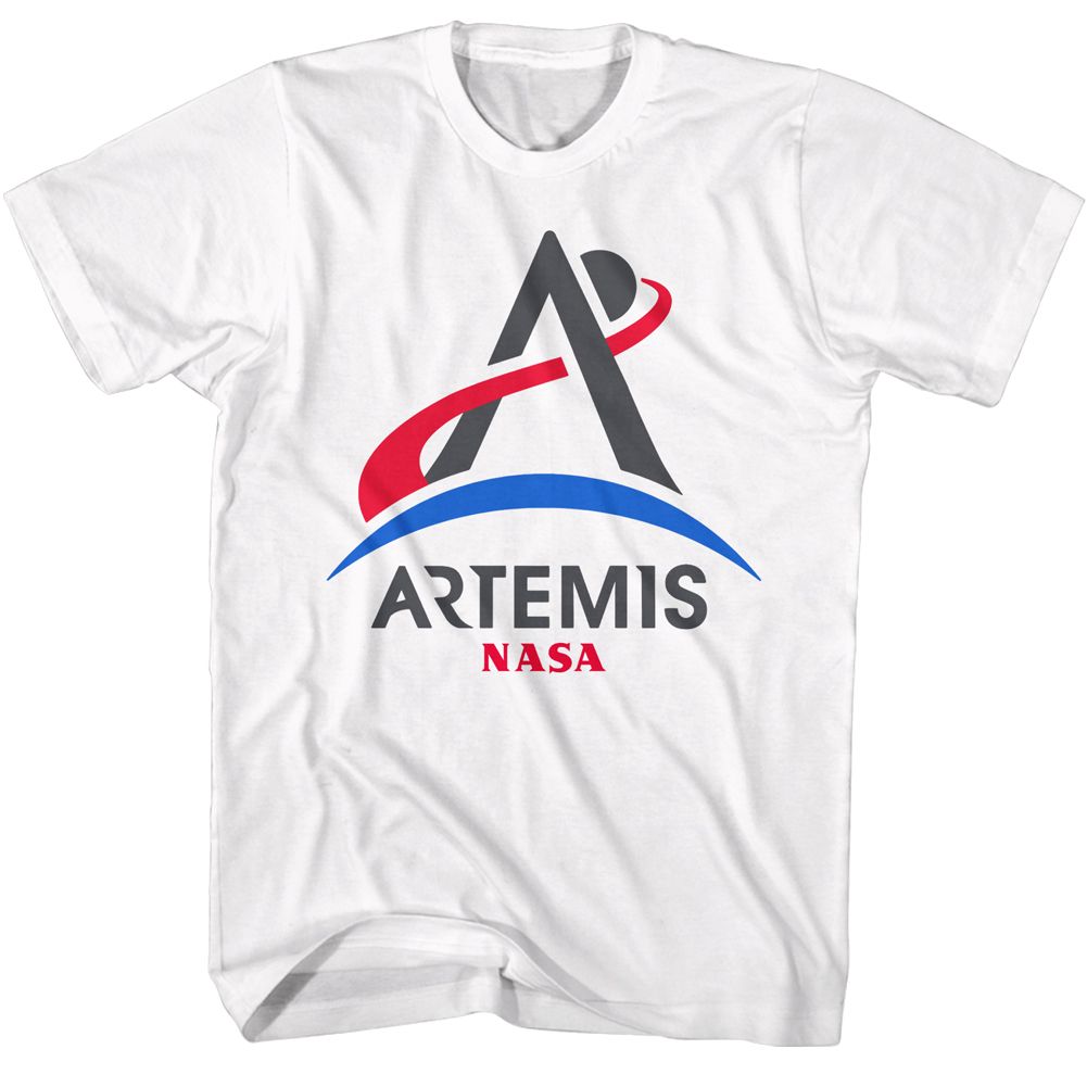 White NASA t-shirt featuring an Artemis Program logo design