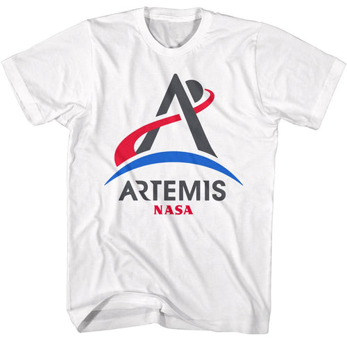 White NASA t-shirt featuring an Artemis Program logo design