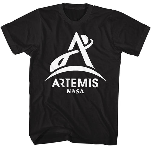Black NASA t-shirt featuring an Artemis one-color design