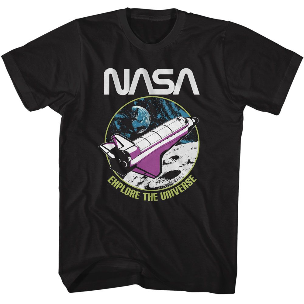 Black NASA t-shirt featuring an Explore the Universe design