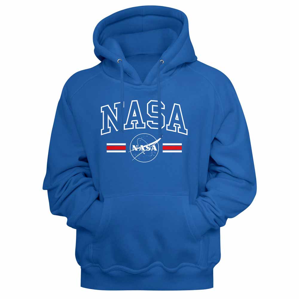 Royal blue NASA pullover hoodie featuring a Collegiate Stripes design