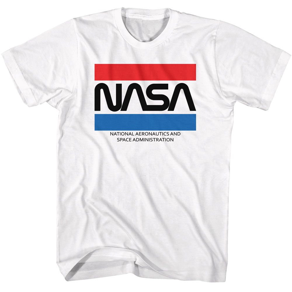 White NASA t-shirt featuring a NASA stripes design