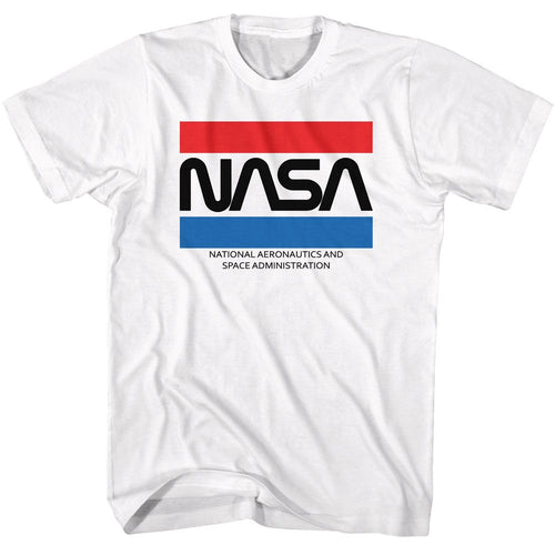 White NASA t-shirt featuring a NASA stripes design