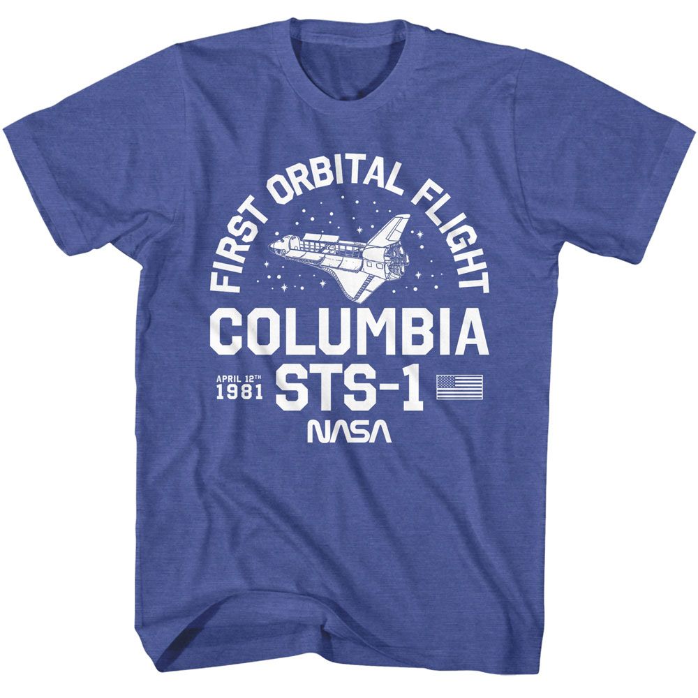 Royal Heather NASA t-shirt featuring a Columbia STS-1 design