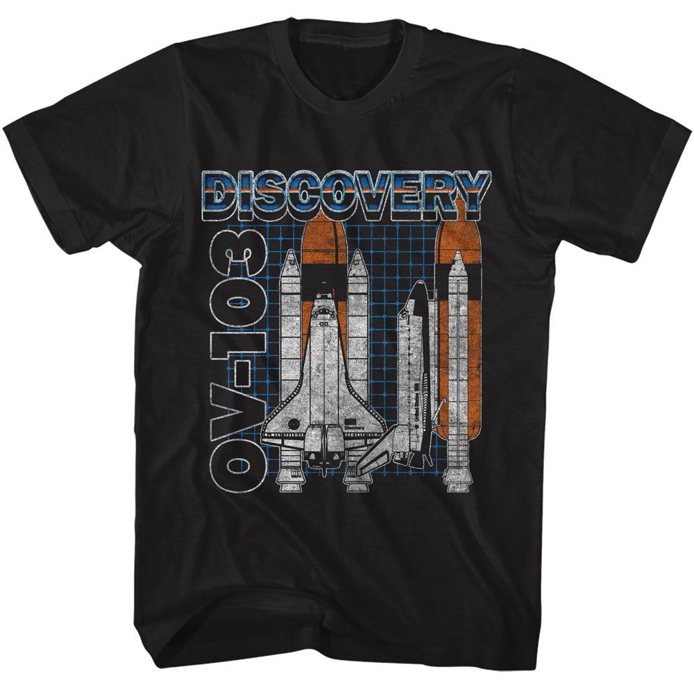 Black NASA t-shirt featuring a Discovery OV-103 design