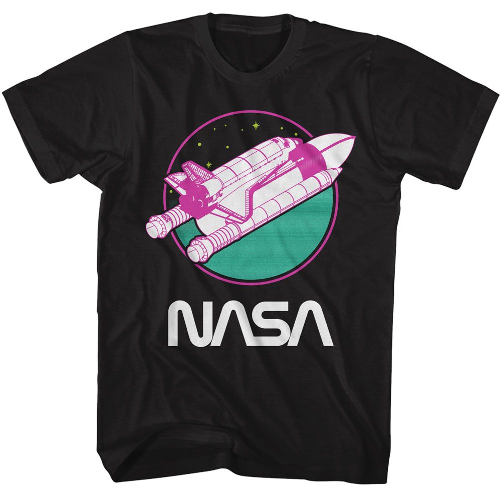Black NASA t-shirt featuring a Neon Orbiter design