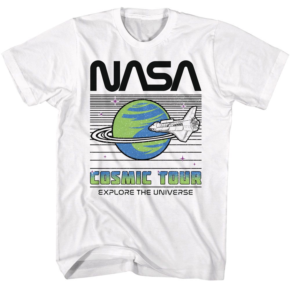 White NASA t-shirt featuring a Cosmic Tour design