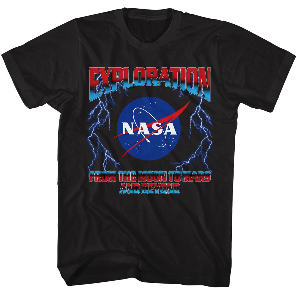 Black NASA t-shirt featuring an Exploration Lightning design