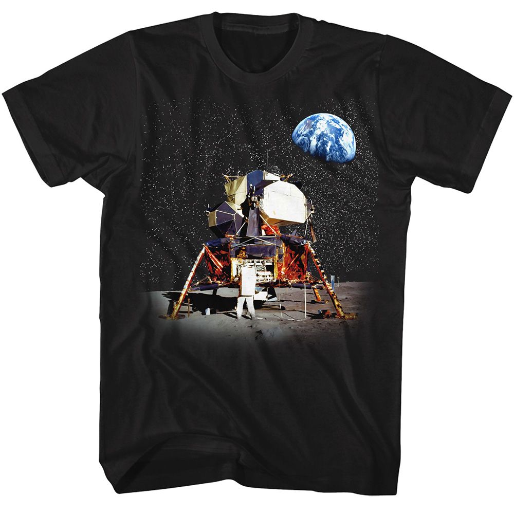 Black NASA t-shirt featuring a Lunar Module design
