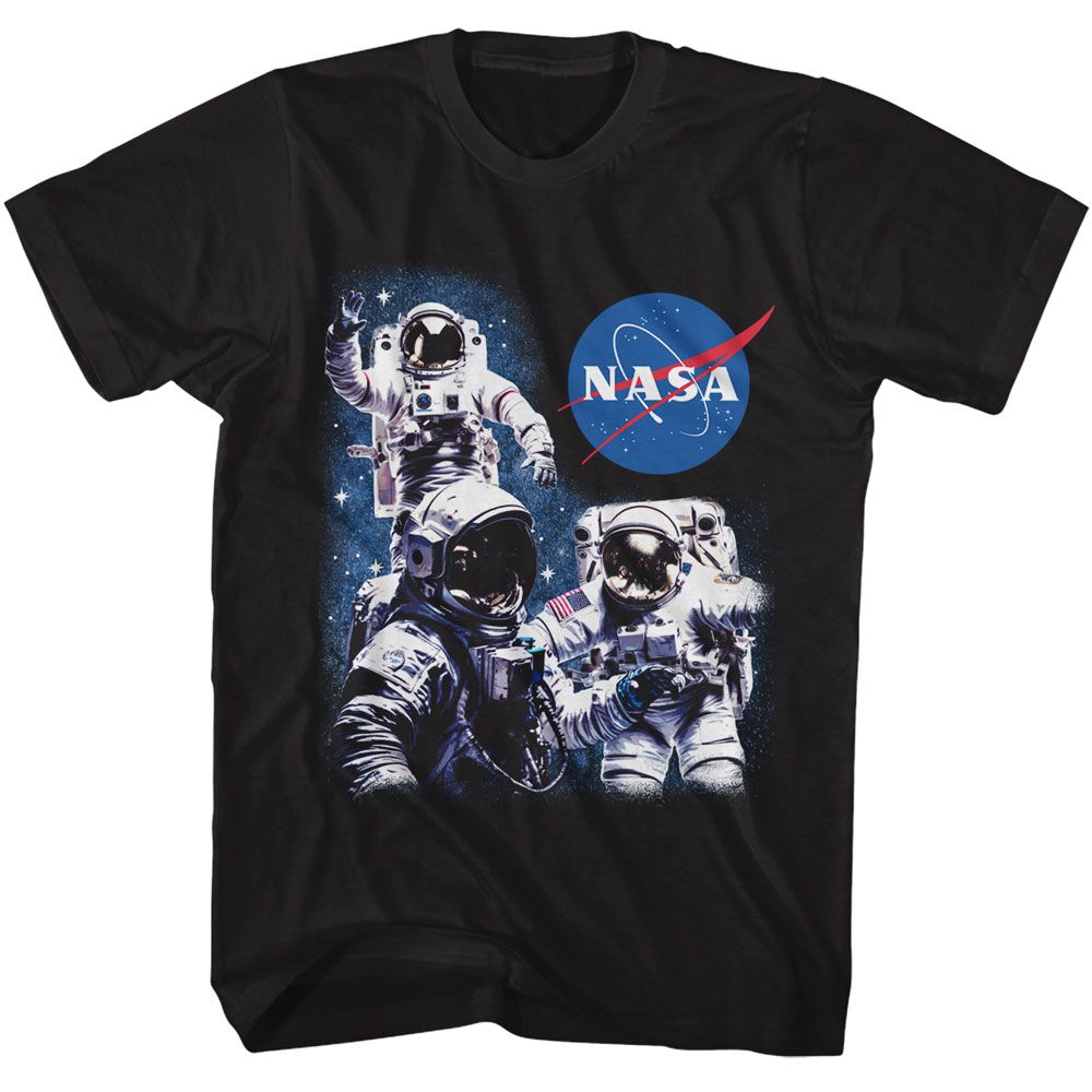 Black NASA t-shirt featuring a three astronauts design
