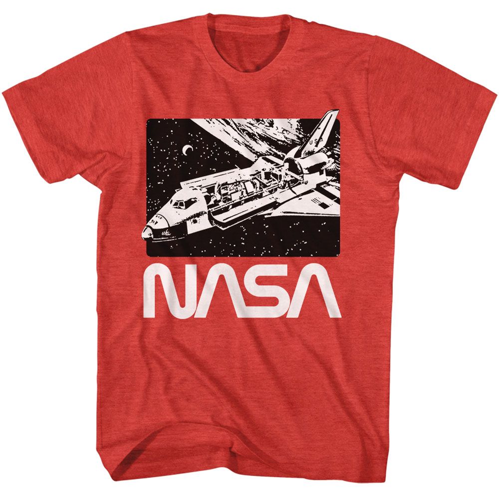 Red Heather NASA t-shirt featuring a Shuttle in Orbit design