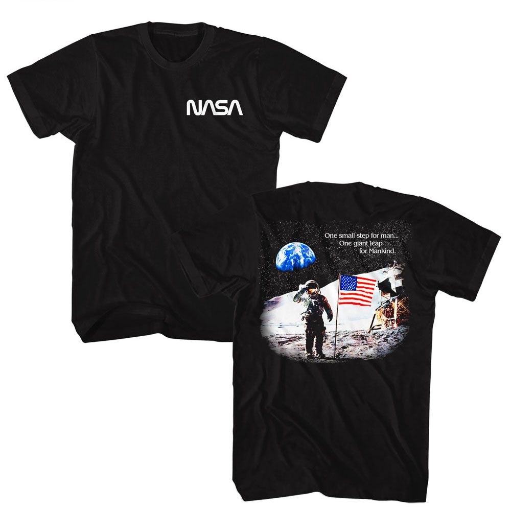 Black NASA t-shirt featuring a Moon Landing Flag design