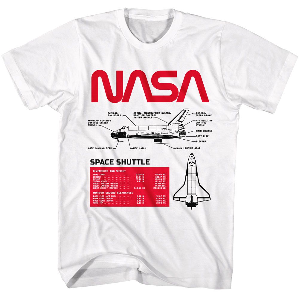 White NASA t-shirt featuring a Space Shuttle Specs design