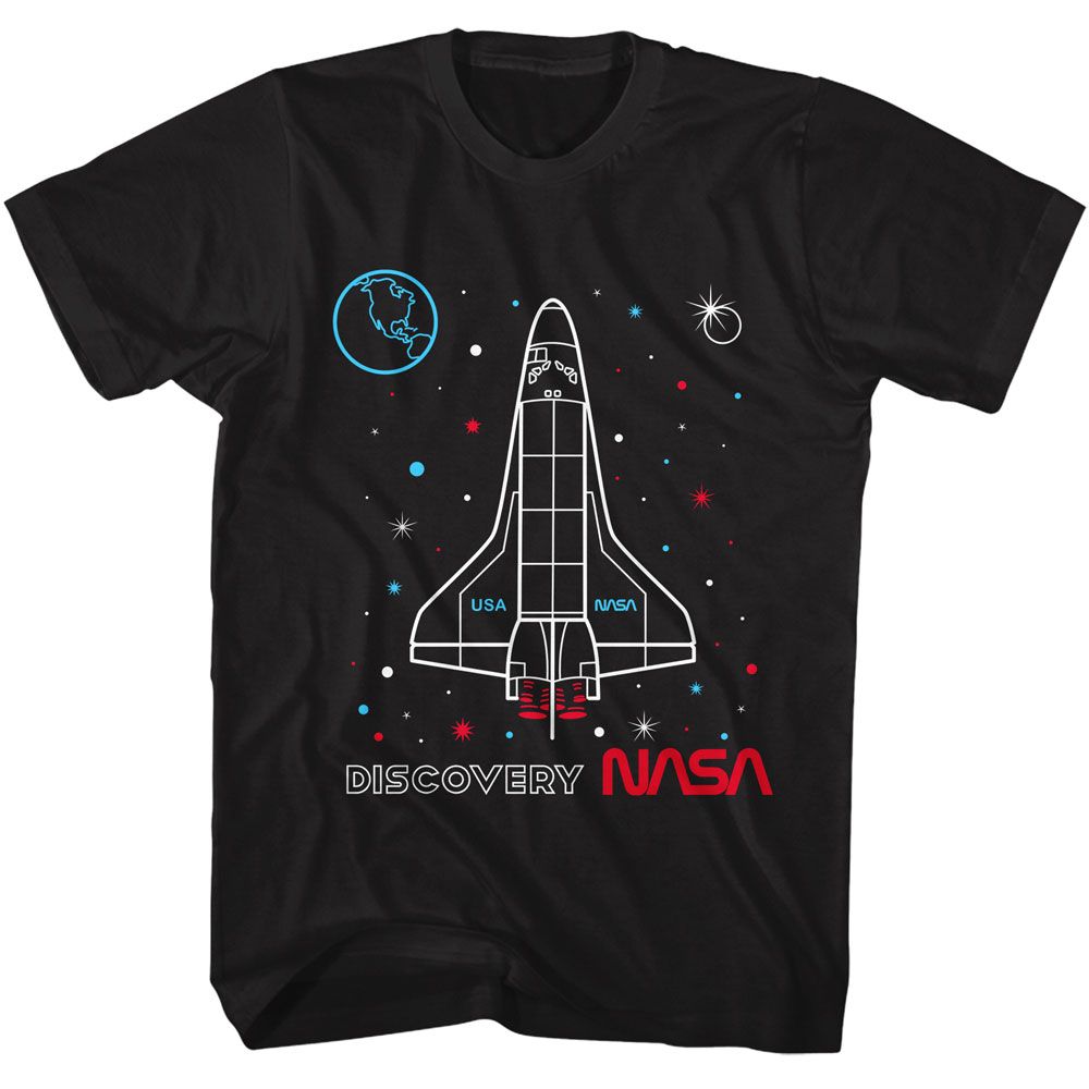 Black NASA t-shirt featuring a Discovery Outlined design