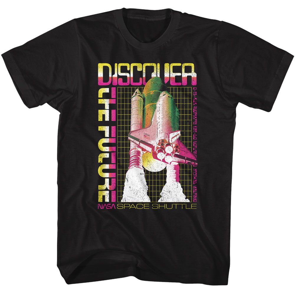 Black NASA t-shirt featuring a Discovery Multicolor design