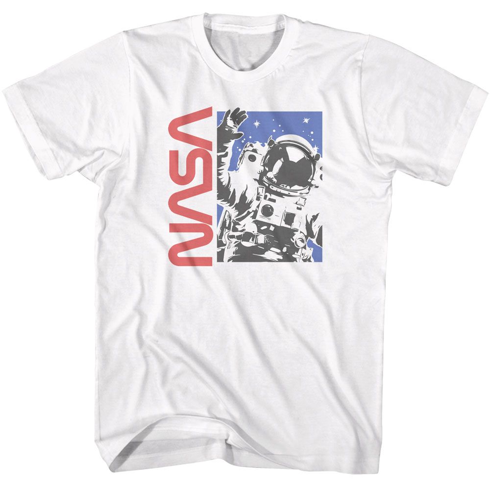 White NASA t-shirt featuring a Waving Astronaut design