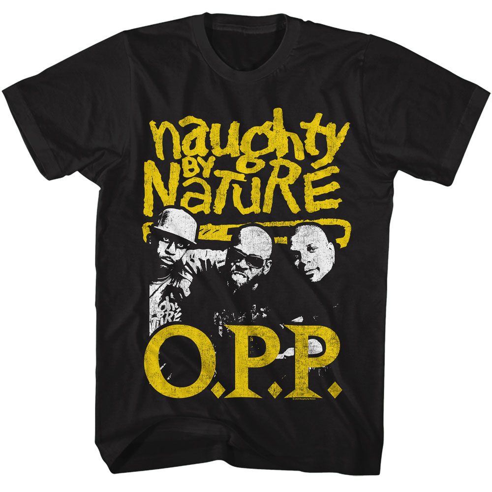 Black Naughty by Nature t-shirt featuring a two-color OPP design